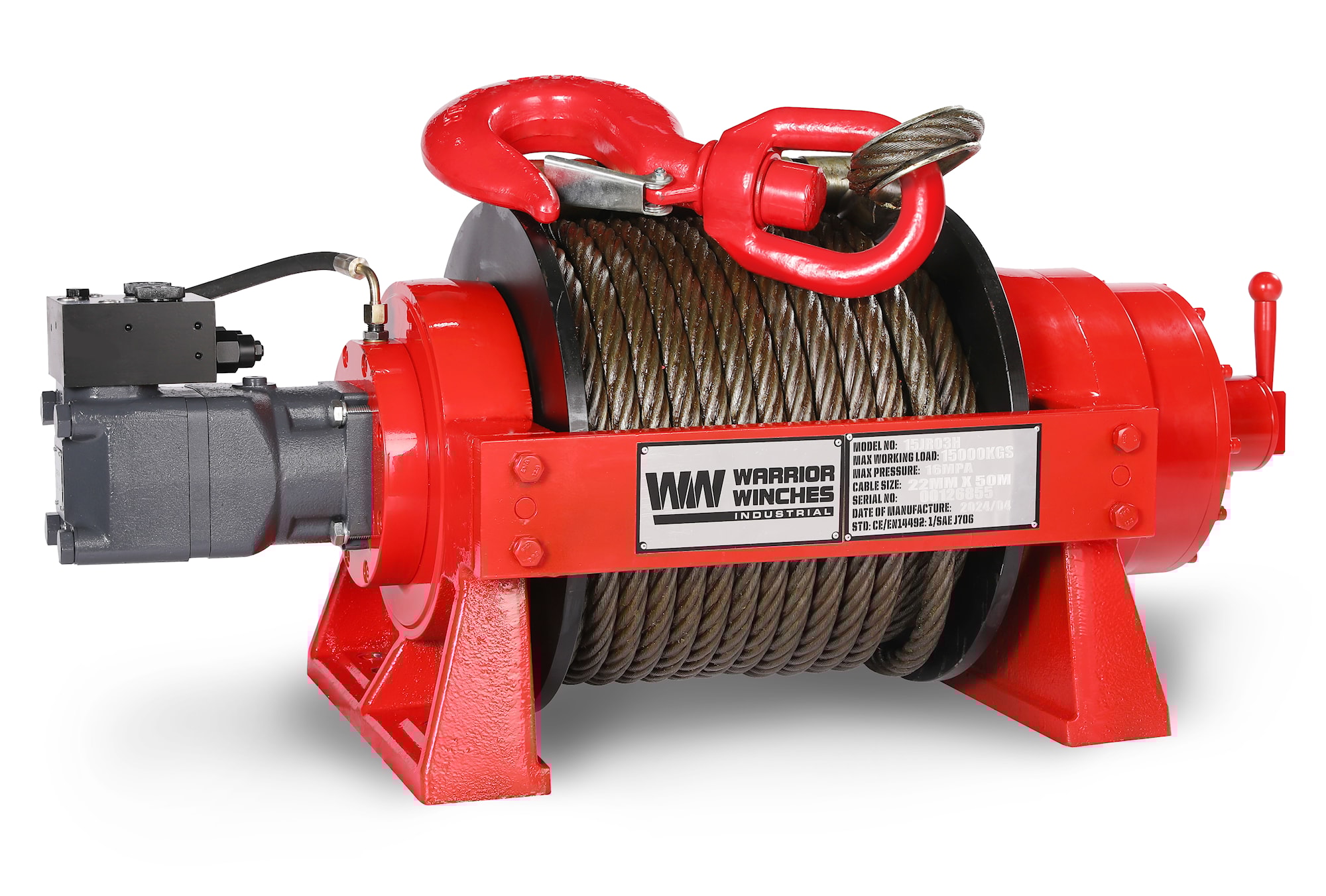 Warrior Winches JR 15,000kg Industriell Hydraulisk Vinsch, Stålvajer