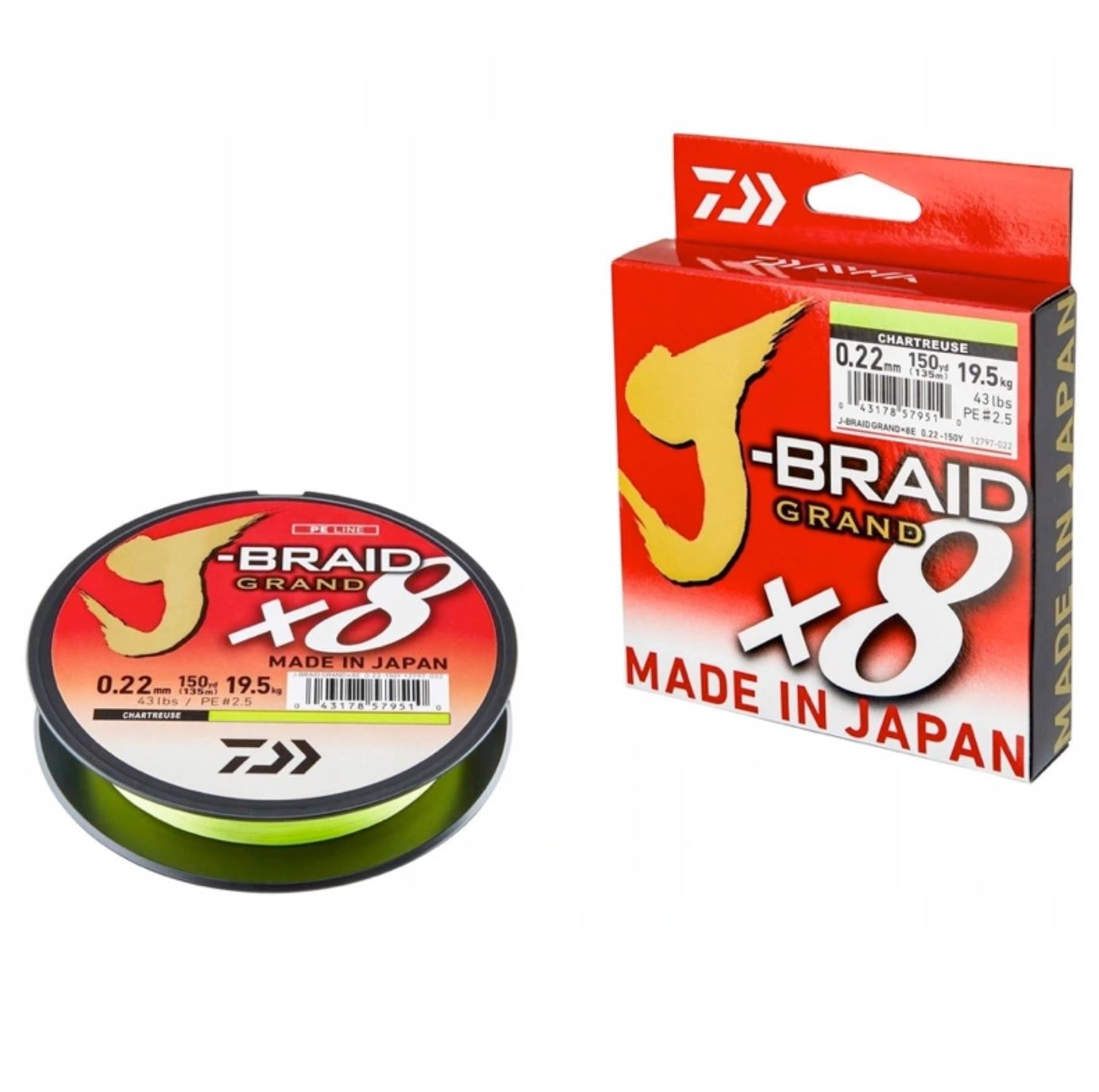 Daiwa J Braid Grand X8 0.22mm 135m Chartreuse 43LB